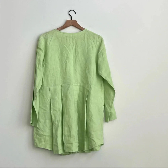 Flax 100% Linen Dress Small Green Button Down Pockets Long Sleeve Tunic Pleated - Picture 13 of 13
